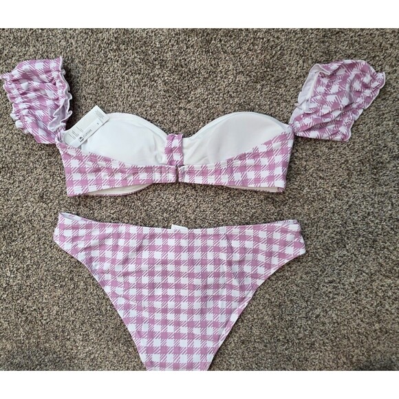 Cupshe NWT Pink White Gingham Bikini Size Medium Ruffle Top Bow Two Piece - Picture 6 of 15
